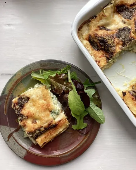 Rachel Roddy's Creation for Layered Pasta with Courgette and A Trio of Cheeses